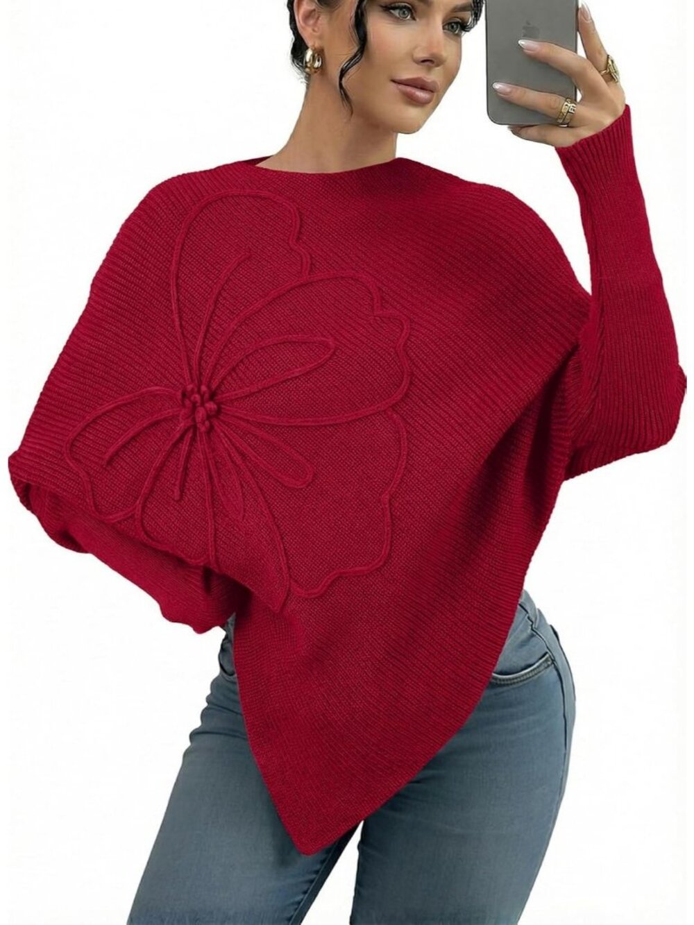 Women's Red Oversized Long Sleeve Crewneck Asymmetrical Fashion Casual Sweater